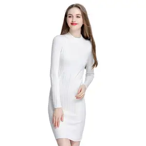 Hot Selling Fashion Women's Tight Neck Long Sleep Women's Clothing Knit Sweet Dress Design Women's Dress Casual Sweater Dress