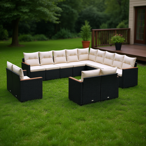 Ensemble de canapés de jardin en rotin noir, meubles d'extérieur réglables, design contemporain, coussins en mousse haute densité - Product Image 2