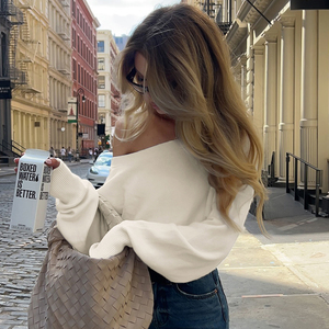 Pull ample et décontracté à épaules dénudées avec ceinture, couleur unie, pull décontracté pour femmes, tricot court polyvalent - Product Image 4