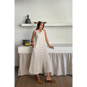 Vestido de Lino sin Mangas con Cuello Camisero, Blanco, Casual, Largo Midi, Vestido de Verano para Mujer - Product Image 2