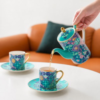 Service à thé en porcelaine, motif mosaïque, théière, tasse, soucoupe, bord doré, coffret cadeau, vente en gros, fournisseur OEM ODM pour hôtels et thés de l'après-midi