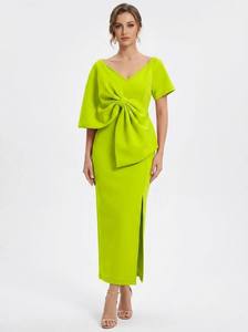 Wholesale Elegant <strong>Maxi</strong> <strong>Dress</strong> for Plus Size Women Deep V Bow High Waist Wrap Ruffles Lace <strong>Chiffon</strong> Fabric Short <strong>Sleeves</strong> - Product Image 5