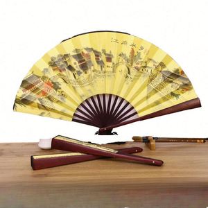 Éventail artisanal en bambou vert pour homme, 10 pouces, en tissu de soie acajou, peint à la main, thème floral, écologique, pour le Nouvel An chinois - Product Image 4