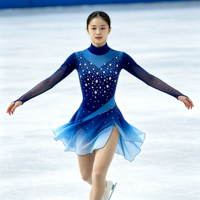 Robe de patinage artistique bleu dégradé pour spectacle, col montant, dos croisé, jupe ornée de strass pour filles et enfants