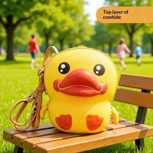 Bolso Bandolera de Piel de Vacuno con Diseño de Pato Amarillo, Bolso para Teléfono Móvil con Dibujos Animados, Bolso de Hombro de Cuero Genuino para Chicas - Product Image 1