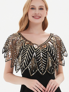 Châle de soirée des années 20, cape de mariée, boléro vintage, brodé de feuilles et de motifs zig-zag, style Charleston, avec sequins et perles - Product Image 6