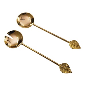 Juego de cucharas de mango redondo largo de acero inoxidable, latón dorado en relieve con mango de una sola hoja, servidor de ensalada, cucharón chapado en oro - Product Image 1
