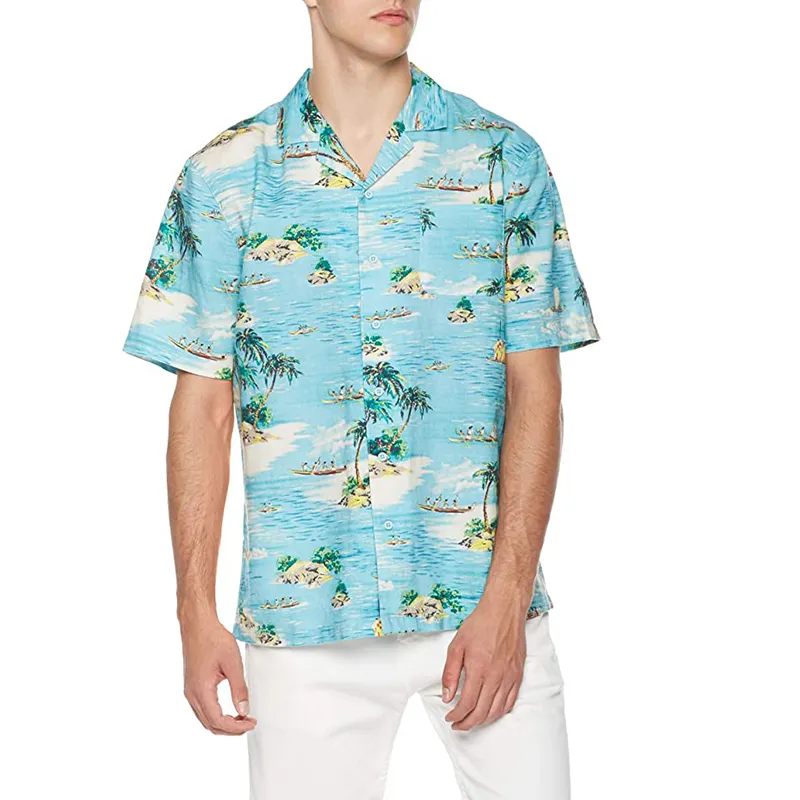Summer Linens Men's Cotton Blend Tropical Aloha Coconut Island Men's Linen Shirt Southeast Asian Tropical Linen Short Sleeve Top