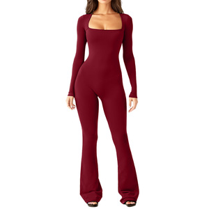 <span class=keywords><strong>Mono</strong></span> de mujer estilo europeo-americano de <span class=keywords><strong>manga</strong></span> <span class=keywords><strong>larga</strong></span> con cuello cuadrado, cintura alta, control de abdomen, levantamiento de glúteos y pierna ancha de alta elasticidad - Product Image 2