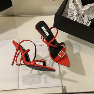 2023 Women's Red Gladiators Sexy Crystal Buckle Ankle Strap Open Toe Thin Flat High Sandals for Summer Party Stripper <b>Shoes</b> - Product Image 5
