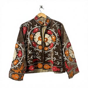 Women Handmade Knitted <b>Velvet</b> Embroidered Floral Folk Bomber Jacket Luxury Ethnic Boho Winter Breathable Outerwear Export - Product Image 2