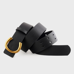 Elegant C-Buckle Leather Belt, Women's All-Match Black Cowhide Waist Belt with Vintage Gold Buckle - Product Image 1