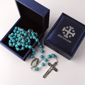 8mm turchese pietra perline <span class=keywords><strong>rosario</strong></span> <span class=keywords><strong>collana</strong></span> da uomo gioielli religiosi cattolici <span class=keywords><strong>in</strong></span> <span class=keywords><strong>argento</strong></span> placcato con scatola blu - Product Image 2