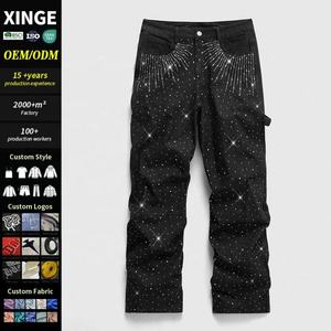 Pantalones Vaqueros de Pierna Recta con Lavado Vintage y Efecto Desgastado, Estampado Personalizado con Pedrería, Jeans Acampanados para Hombre, de Fabricante de Ropa Urbana - Product Image 1