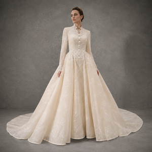Vestido de Novia Modesto Tipo Bola con Cuello Alto, Manga Larga, Basque, Sobrefalda Desmontable, Encaje, Tallas Grandes, Estilo Princesa, Fabricación Personalizada - Product Image 1