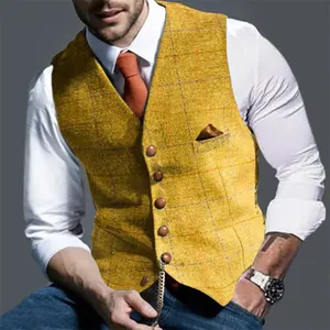 Gilets de <span class=keywords><strong>Costume</strong></span> <span class=keywords><strong>Sans</strong></span> Manches Hommes Coupe Ajustée Décontractés à Carreaux en Polyester Respirant avec Boutons Décoratifs Printemps Automne - Product Image 3