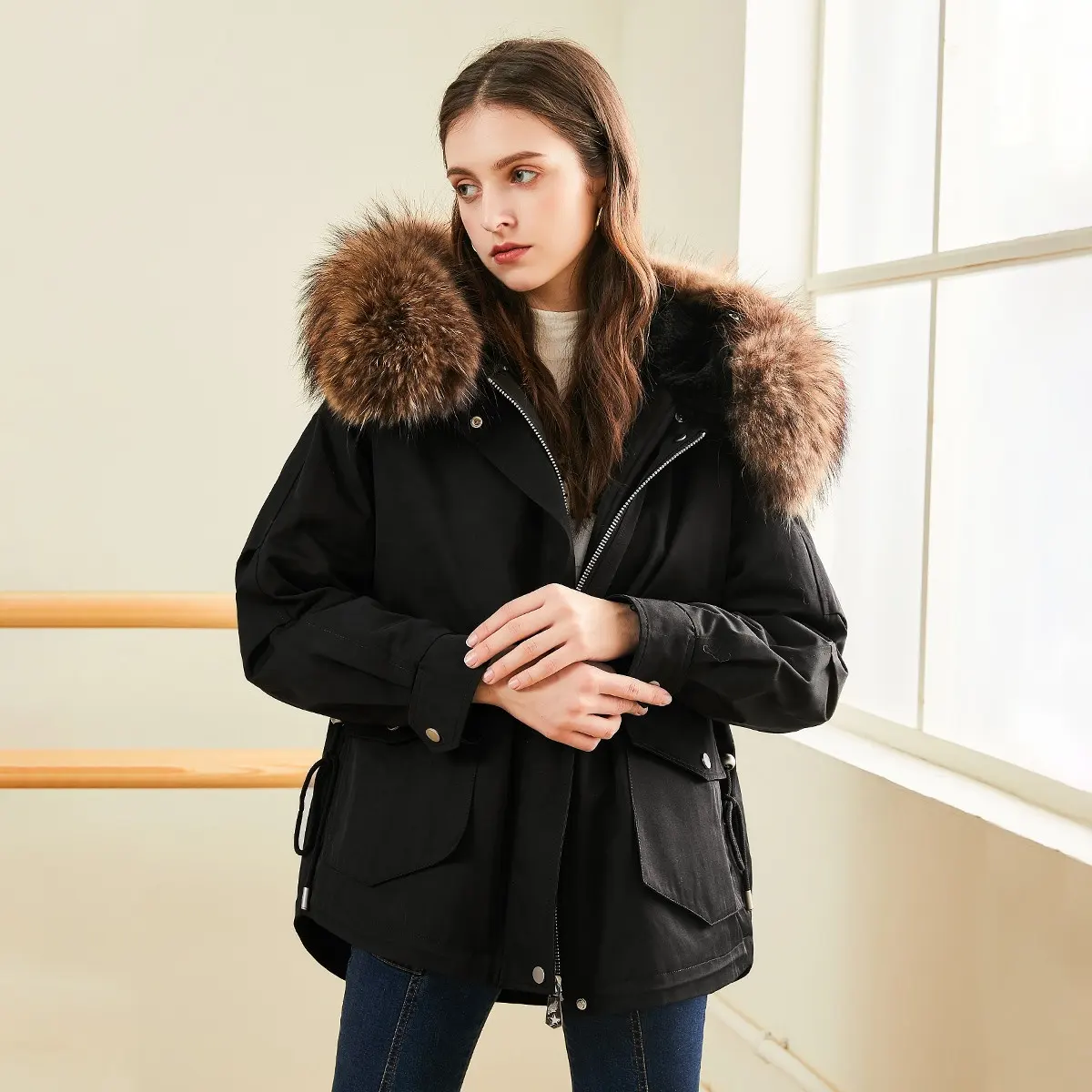 Women Winter rabbit lining parka coat short style winter coat faux fur overcoat