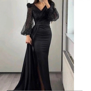 Robe de soirée longue à manches longues, col en V, en satin pailleté, avec fente et traîne, pour soirée formelle - Product Image 3