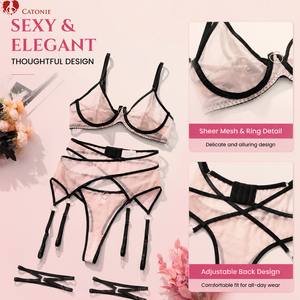 Ensemble de lingerie néon en dentelle pour femme, soutien-gorge en maille, culotte et <span class=keywords><strong>porte</strong></span>-jarretelles, sous-vêtements sexy à bretelles réglables - Product Image 3