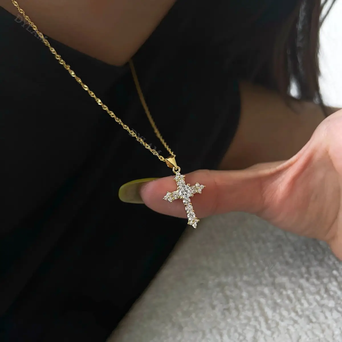 Dylam плата 925 минималистский кулон для женщин слой ожерелья, ювелирные изделия с цирконием, изысканные 18k золото 925 серебряный крест ожерелье