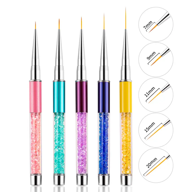 Xiannia Hot Sell Nail Art Liner Escovas UV Gel Pintura Acrílico Nail Design Nylon Escova Pen Set Metal Diamante Rhinestone Handle