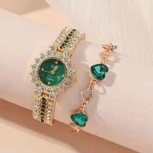 Vente en gros Petite montre verte Ensemble de montres à quartz avec bracelet en acier pour femmes Coffret cadeau pour femmes Cadeau d'anniversaire Cadeau de mariage