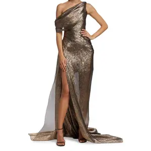 manufacture high quality long elegant maxi one shoulder strapless ball gown mesh side sexy evening dress