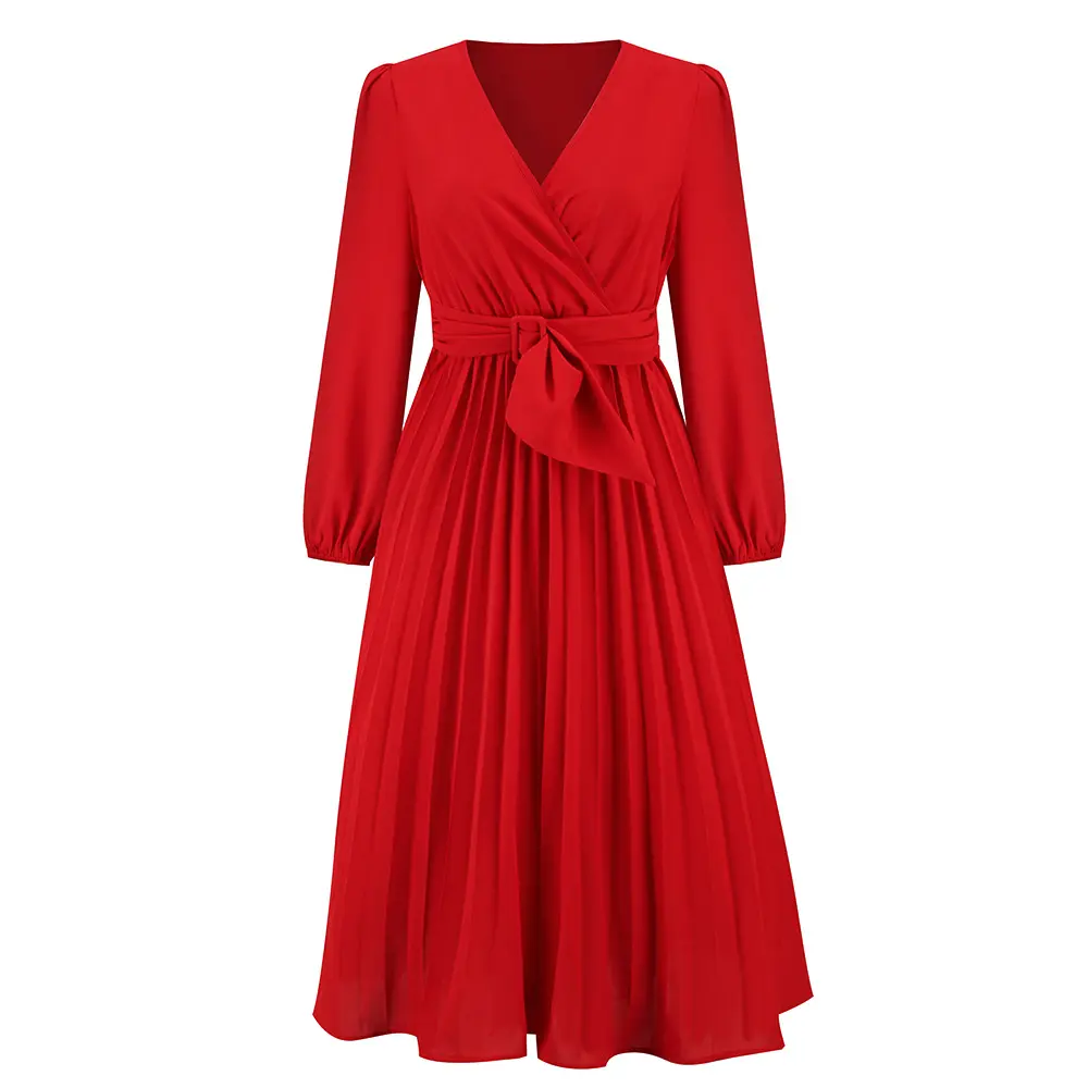 2022 Women's New V-Neck Long Sleeve Pleated A-Line Dresses Casual Elegant Long Dress American Clothes