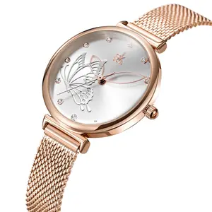 Fashion Gift Waterproof Custom Ladies Watches With Butterfly-Shaped Surface And Stainless Steel Mesh Strap Watch