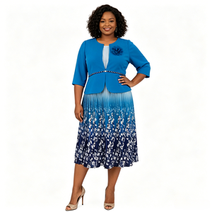 Elegante Vestido Midi con Estampado Floral Azul, Falda Plisada y Manga Tres Cuartos, Talla Grande, Traje Formal para Mujer - Product Image 1