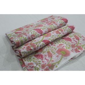 Peach & Lime <b>Green</b> Floral Jaal Hand Block Printed Cotton Fabric Traditional Jaipur Artisan Textile on White - Product Image 1