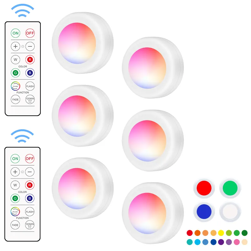 Wireless RGB RGBW LED Puck Light with Remote Control Under Cabinet Closet Light Stick On Lights For Kitchen Wall Wardrobe