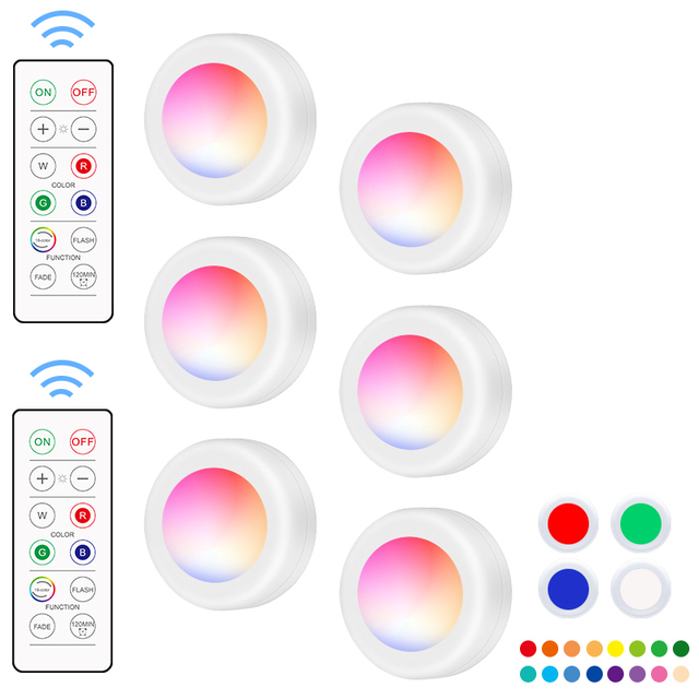 Wireless RGB/RGBW LED Puck Light with Remote Control Energy Saving up Shade Direction for Under Cabinet Kitchen Lighting