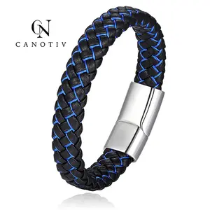 Blue Real Leather For Men Jewelry Charms Bracelet Leather Stainless Steel Magnetic Clasp Custom Logo
