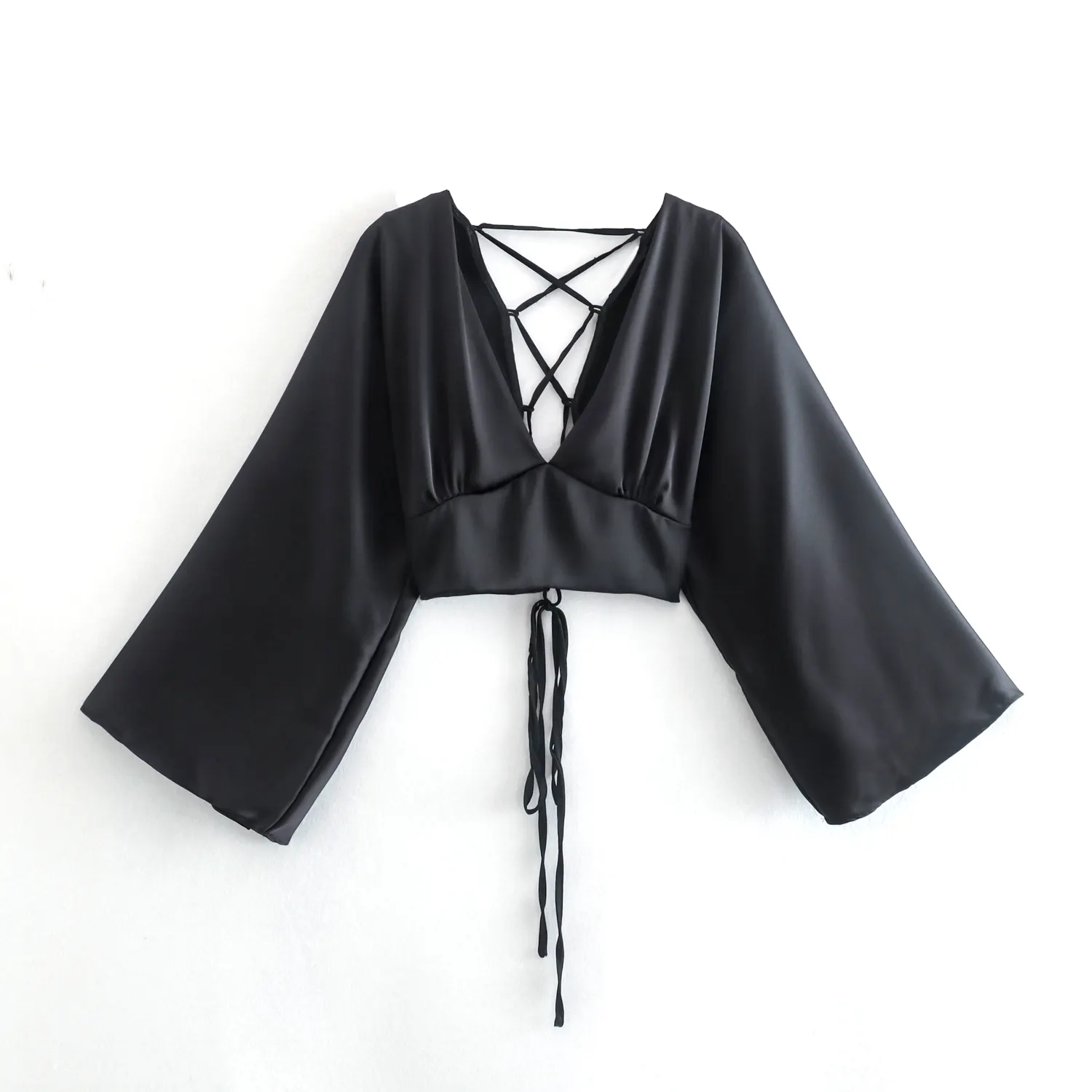 Hot sale v neck black color long sleeve back lace up women's casual fashion blouses & shirts