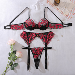 AY178 2025 di lusso con ricamo a forma di rosa rossa per il controllo della moda pizzo trasparente in rete <span class=keywords><strong>Lingerie</strong></span> nera satinata aperta <span class=keywords><strong>Lingerie</strong></span> - Product Image 3