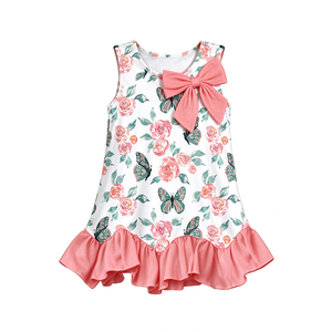 Robe sans manches en soie de lait pour filles, imprimé floral avec nœud et ourlet à volants, robe d'été décontractée pour enfants en bas âge - Product Image 3