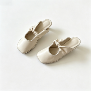 Mules en cuir véritable à bout carré avec nœud, pantoufles plates pour femmes, chaussures femme, sandales femme - Product Image 3