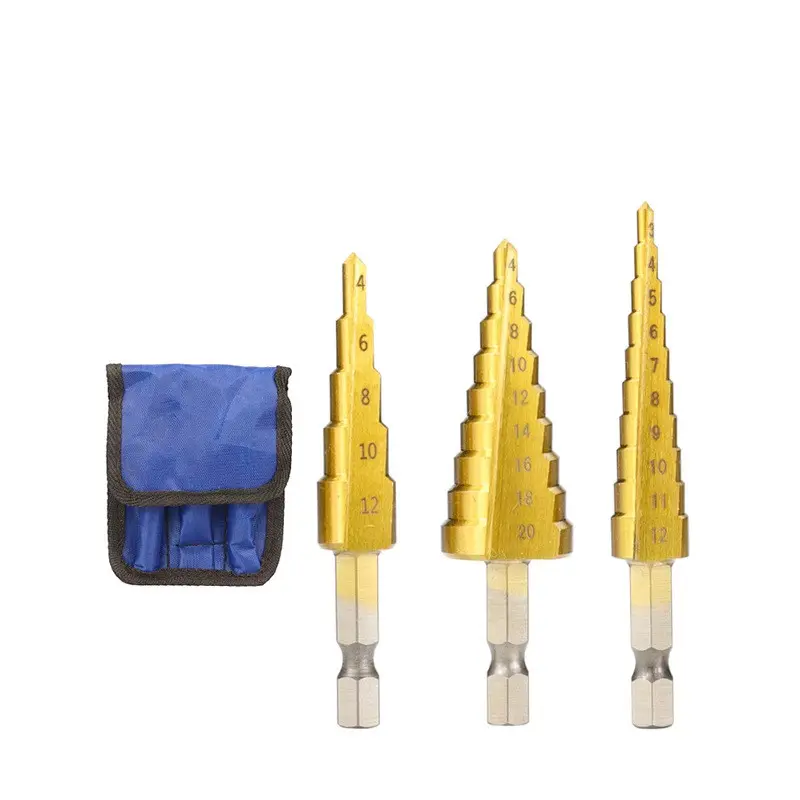 Heißer Verkauf 3 teile/los Titanium Step Drill Bits 3-12mm 4-12mm 4-20mm HSS Elektro werkzeuge HSS Holz Metall bohren