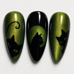 Faux ongles à presser Halloween Amande Vert Noir Couverture Complète Paillettes Motif Patte de Chat Pré-conçus pour Femmes - Product Image 3