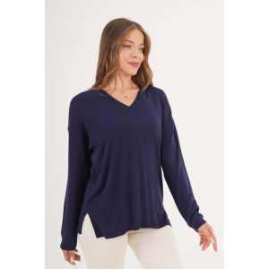 Suéter de Punto Azul Marino para Mujer al por Mayor, Estilo Coreano, Cuello en V y Aberturas Laterales para Otoño e Invierno - Product Image 4