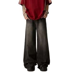 Jean en denim évasé noir délavé rétro pour homme avec logo personnalisé, taille mi-haute, délavage horizontal, coupe oversize ample et longueur au sol - Product Image 5