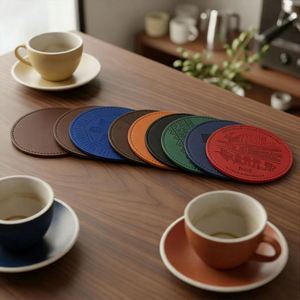 Wholesale Design Logo Round Blank <b>Black</b> Leatherette Cup Mat Set Custom Tea Beer Coffee Drink Pu Leather <b>Coasters</b> - Product Image 4