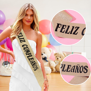 Écharpe de fête d'<span class=keywords><strong>anniversaire</strong></span> espagnole « Feliz Cumpleaños » à thème mexicain, ruban de bandoulière doré estampé et pailleté - Product Image 3