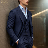 Traje de Negocios de Tres Piezas con Rayas Finas de Mezcla de Lana para Hombre |   Conjunto de Chaqueta, Chaleco y Pantalones con Solapas Puntiagudas Estilo Marinero |   OEM Disponible