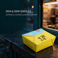 Boîte à emporter en papier avec couvercle pliable intégré et imprimé ballons jaunes et bleus pour commandes de restaurant