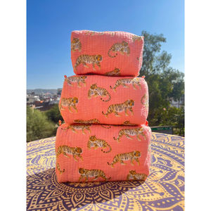 Juego de 3 neceseres acolchados de algodón con estampado animal, estilo indio, con cremallera, para mujer, con borlas, multifunción, precio mayorista - Product Image 3