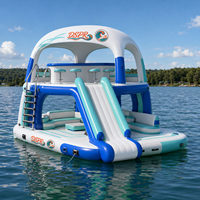 Barge flottante gonflable haut de gamme avec toboggan aquatique, île flottante à 2 niveaux avec auvent pour toutes les utilisations aquatiques