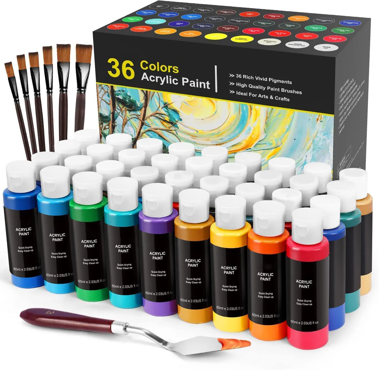 Acrylic Paint 36 Color Painting Supplies Set With 6 Art Brushes Palette Scraper Canvas Ceramic Wood And Stone Paint 500 - 1999 S