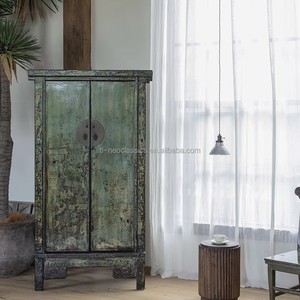 <span class=keywords><strong>Armoire</strong></span> en bois massif de style Wabi-Sabi antique avec portes coulissantes et poignées métalliques, meubles de chambre à coucher écologiques - Product Image 2